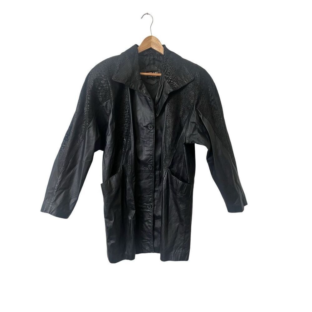 Pelle Vintage Black Leather Coat Snakeskin Detailing Lined Shoulder Pads Small